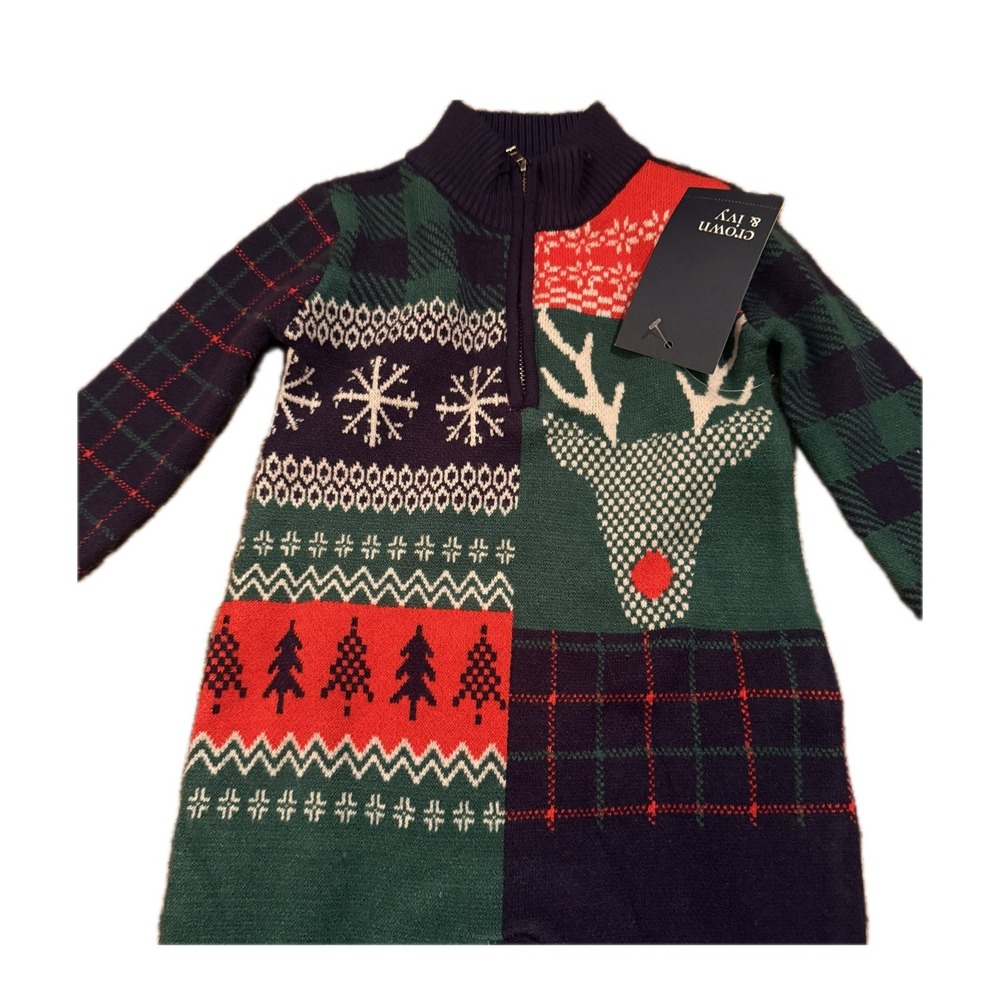 Christmas Sweater Body Suit 12‎ Months Reindeer Winter Patchwork NWT - Picture 2 of 4